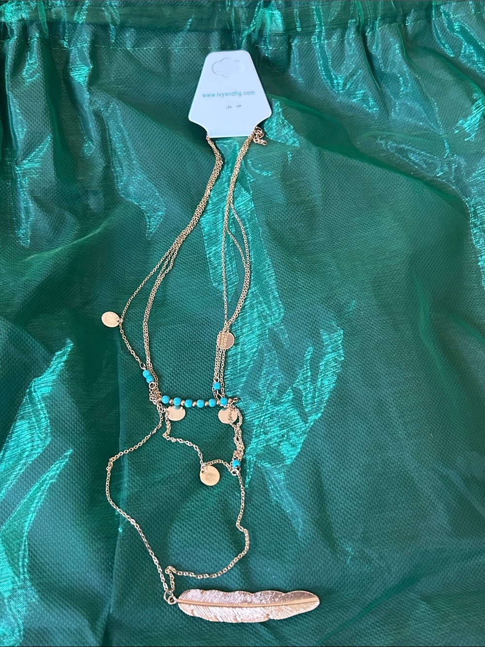 Ivy and fig Feather Pendant Layered Necklace with Turquoise colored Beads